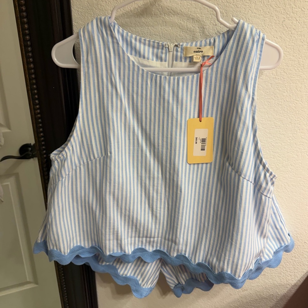 entro Blue and White Striped Scalloped Tank Top Short Set